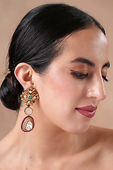 Black Rhodium Finish Polki Navratna Stone Floral Dangler Earrings