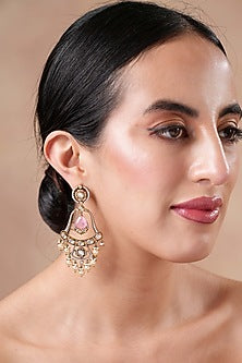 Gold Finish Moissanite Polki & Pink Stone Chandelier Earrings