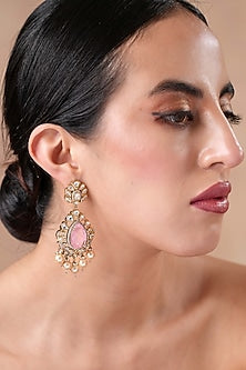 Gold Finish Moissanite Polki & Pink Stone Dangler Earrings