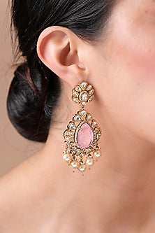 Gold Finish Moissanite Polki & Pink Stone Dangler Earrings
