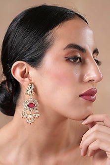 Gold Finish Moissanite Polki & Ruby Stone Dangler Earrings