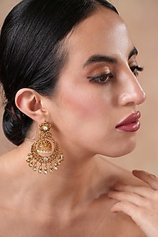 Gold Finish Kundan Polki Temple Chandbali Jhumka Earrings