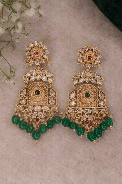 Gold Finish Kundan Polki & Emerald Stones Temple Dangler Earrings