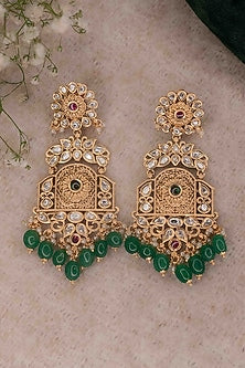 Gold Finish Kundan Polki & Emerald Stones Temple Dangler Earrings