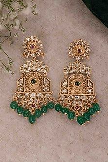 Gold Finish Kundan Polki & Emerald Stones Temple Dangler Earrings