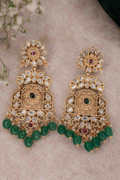 Gold Finish Kundan Polki & Emerald Stones Temple Dangler Earrings