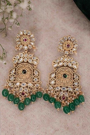 Gold Finish Kundan Polki & Emerald Stones Temple Dangler Earrings
