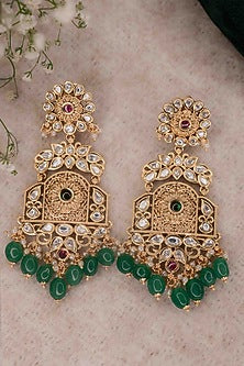 Gold Finish Kundan Polki & Emerald Stones Temple Dangler Earrings