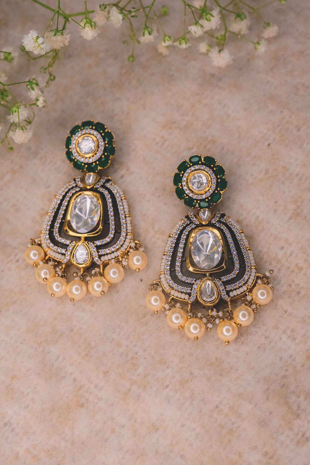 Gold Finish Moissanite Polki & Emerald Stones Dangler Earrings