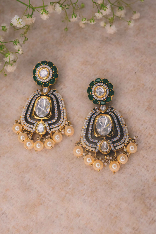 Gold Finish Moissanite Polki & Emerald Stones Dangler Earrings
