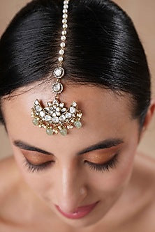 Gold Finish Moissanite Polki & Aqua Stone Maangtikka