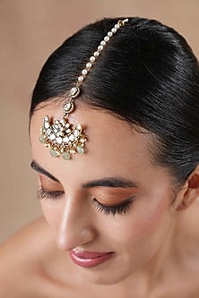 Gold Finish Moissanite Polki & Aqua Stone Maangtikka