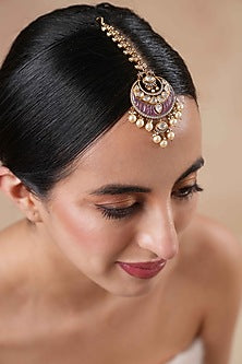 Gold Finish Purple Kundan Polki Maangtikka