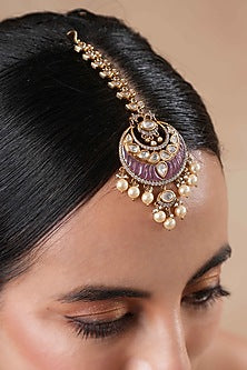 Gold Finish Purple Kundan Polki Maangtikka