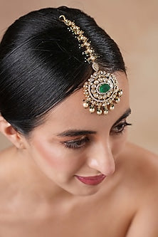 Gold Finish Kundan Polki & Emerald Stone Maangtikka