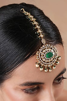 Gold Finish Kundan Polki & Emerald Stone Maangtikka