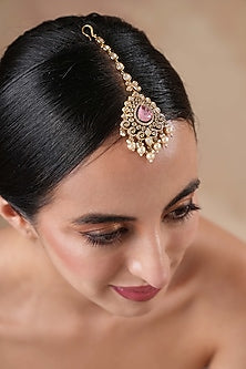 Gold Finish Kundan Polki & Pink Stone Maangtikka
