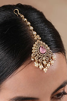 Gold Finish Kundan Polki & Pink Stone Maangtikka
