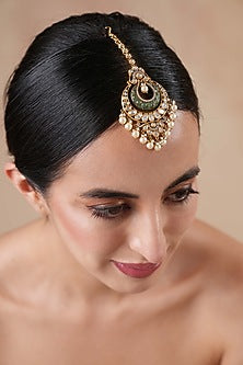 Gold Finish Kundan Polki & Emerald Stone Meenakari Maangtikka