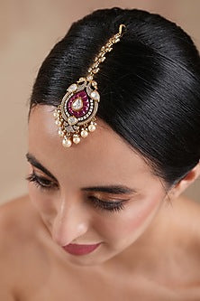 Gold Finish Kundan Polki & Ruby Stone Meenakari Maangtikka