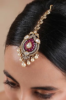 Gold Finish Kundan Polki & Ruby Stone Meenakari Maangtikka
