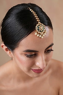 Gold Finish Kundan Polki & Emerald Stone Meenakari Maangtikka
