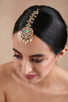 Gold Finish Kundan Polki & Mint Stone Maangtikka