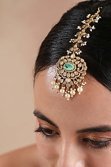 Gold Finish Kundan Polki & Mint Stone Maangtikka