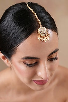 Gold Finish Pink Kundan Polki Meenakari Floral Maangtikka