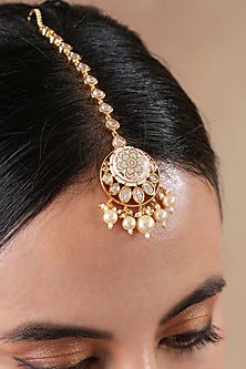 Gold Finish Pink Kundan Polki Meenakari Floral Maangtikka