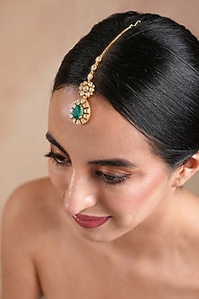Gold Finish Moissanite Polki & Emerald Stone Maangtikka