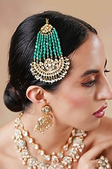 Gold Finish Kundan Polki & Green Beaded Pasa