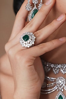 White Finish Swarovski Zircon & Emerald Doublet Stone Ring