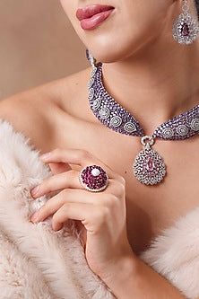 White Finish Diamond & Amethyst Stone Ring