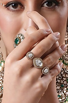 Black Rhodium Finish Kundan Polki Double Finger Ring