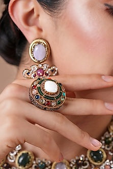 Black Rhodium Finish Navratna Stone & Mother-Of-Pearl Ring