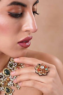 Black Rhodium Finish Navratna Stone Floral Ring
