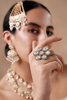 Black Rhodium Finish Kundan Polki Floral Ring