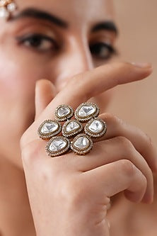 Black Rhodium Finish Kundan Polki Floral Ring