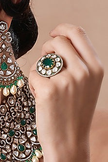 Gold Finish Moissanite Polki & Emerald Stone Ring