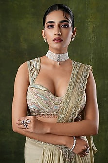 White Finish Diamond & Beaded Choker Necklace Set
