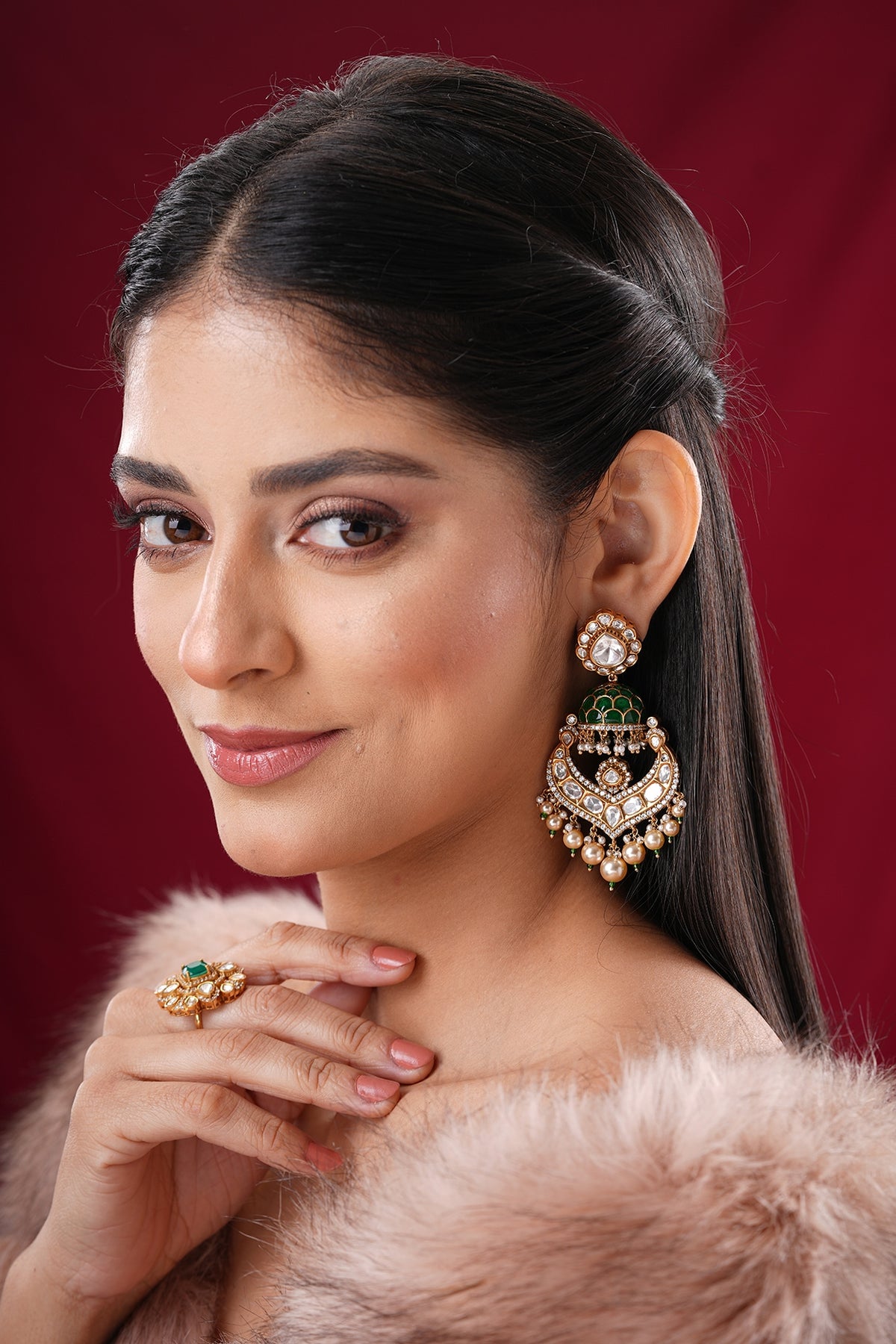 Gold Finish Kundan Polki & Green Stone Dangler Earrings