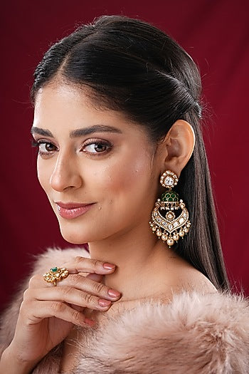 Gold Finish Kundan Polki & Green Stone Dangler Earrings