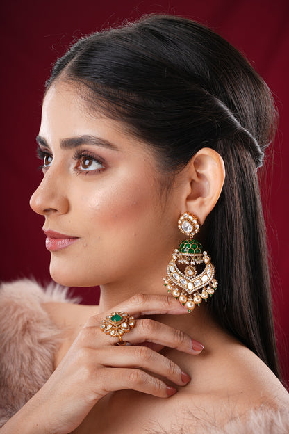 Gold Finish Kundan Polki & Green Stone Dangler Earrings