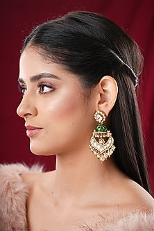 Gold Finish Kundan Polki & Green Stone Dangler Earrings