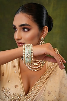 Gold Finish Kundan Polki & Mint Stone Bangles (Set Of 2)