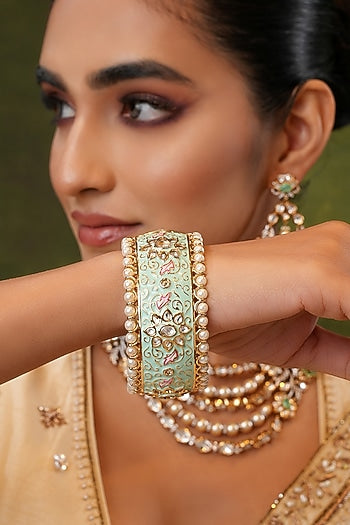 Gold Finish Kundan Polki & Mint Stone Bangles (Set Of 2)