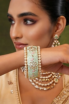 Gold Finish Kundan Polki & Mint Stone Bangles (Set Of 2)