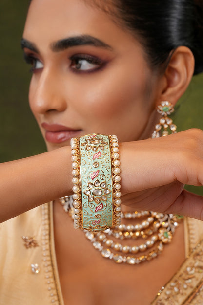 Gold Finish Kundan Polki & Mint Stone Bangles (Set Of 2)