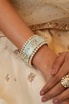Gold Finish Kundan Polki & Mint Stone Bangles (Set Of 2)